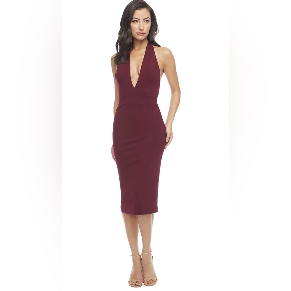 Dress the Population Vanessa Deep Plunge Neckline Halter Bodycon Midi Dress